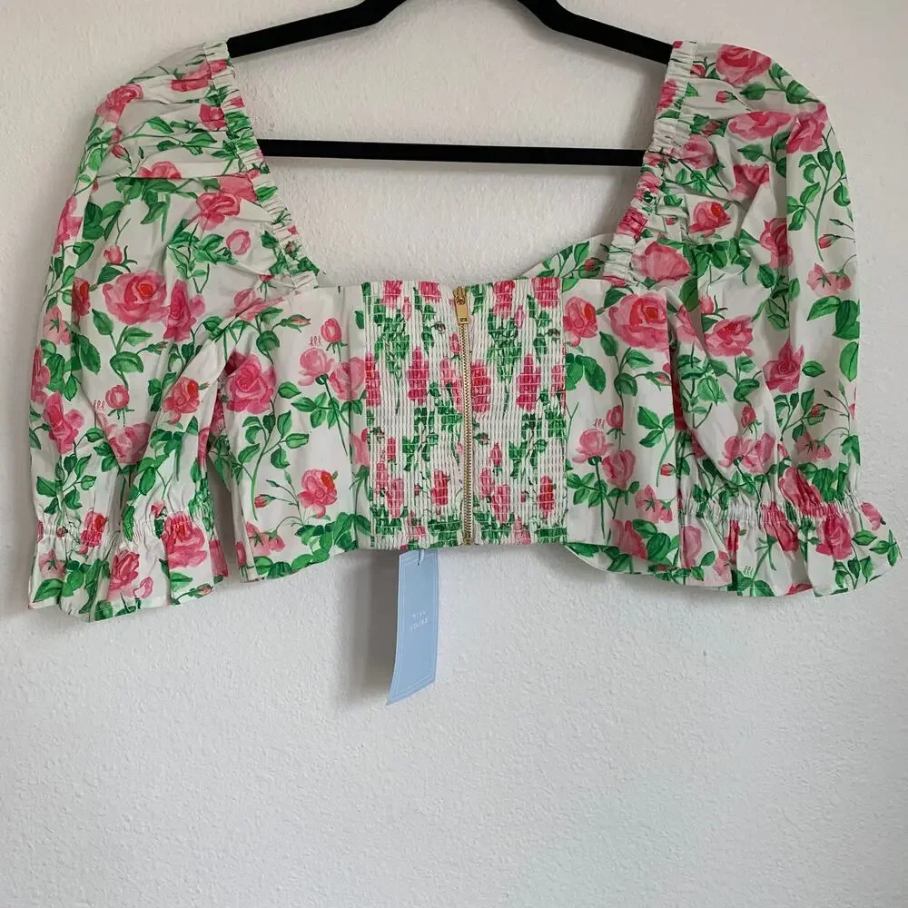 NWT Hill House Home‎ Puff Sleeve Floral Bow Crop Top in White/Pink